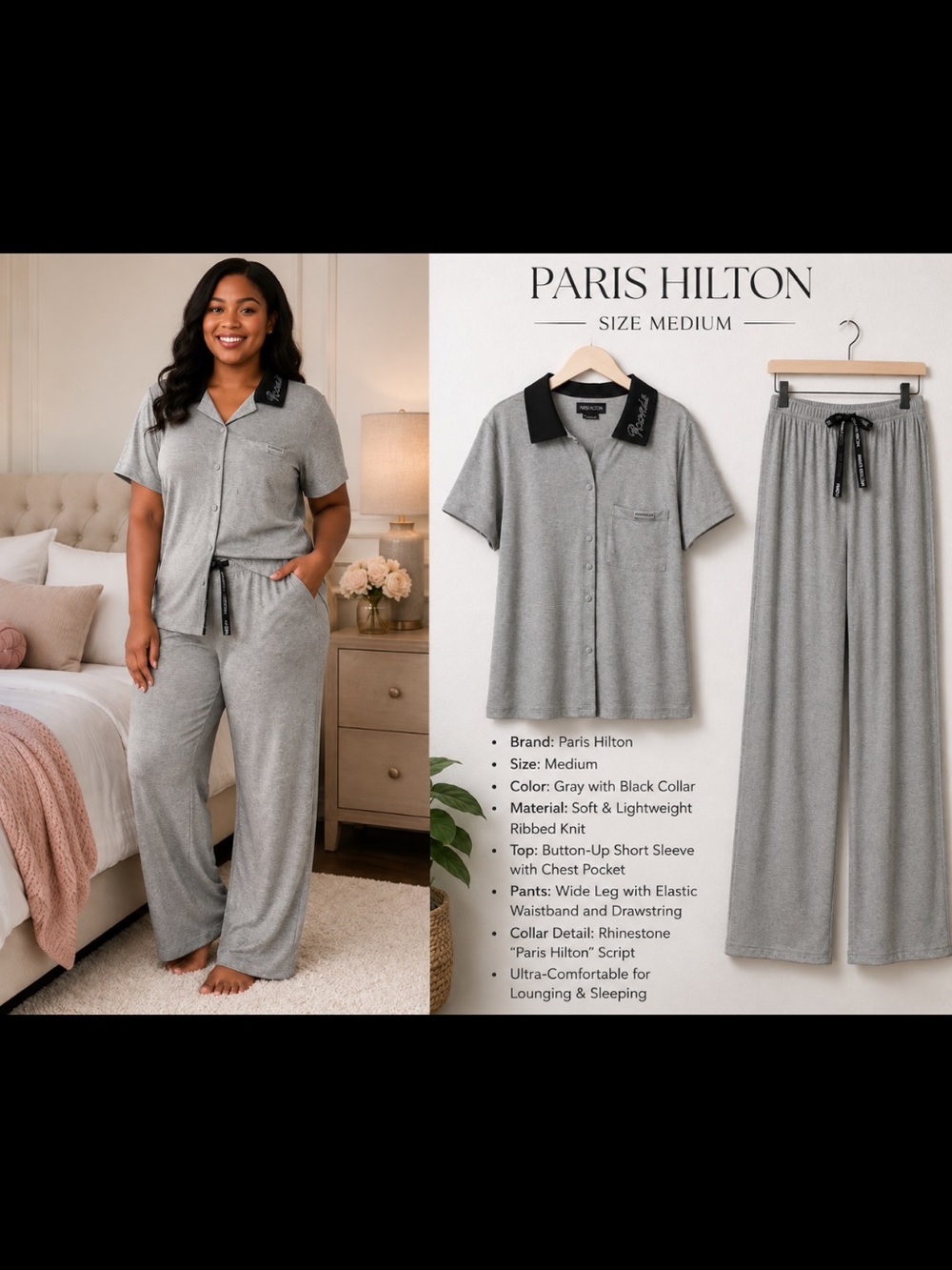 Paris Hilton Gray Ribbed Knit Pajama Set with Black Collar
